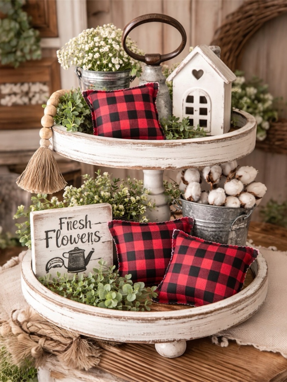 ⤵️🆕 Farmhouse Mini Buffalo Check Pillows Tiered Tray Decor Rustic Red Black Set